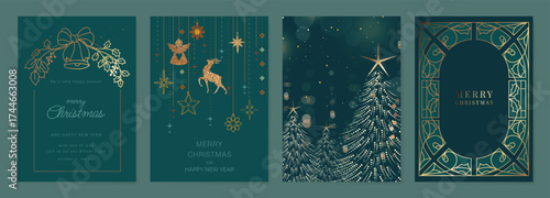 Christmas and Happy Holidays card vector set. Glasswork decorative, gothic stained glass and christmas ornament on green background. Design illustration for poster, cover, product, ads.