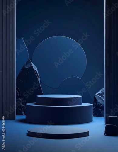 Elegant product podium against textured backdrop in shades of blue