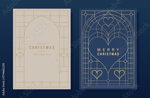 Christmas and Happy Holidays card vector set. Glasswork decorative, gothic stained glass on navy blue and beige background. Design illustration for poster, cover, product, ads.