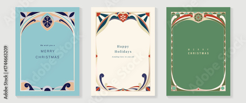 Christmas and Happy Holidays card vector set. Glasswork decorative, gothic stained glass and snowflake on blue, green and light background. Design illustration for poster, cover, product, ads.