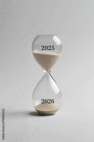 Time's Sands of Future: An hourglass, delicately inscribed with the years 2025 and 2026, as sand trickles through, symbolizing the passage of time, change, and anticipation of what lies ahead.