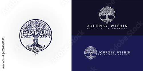 The elegant, flowing Tree of Life is encircled in a round frame, symbolizing the journey of personal renewal and guiding authentic experiences such as volunteering and sabbaticals.