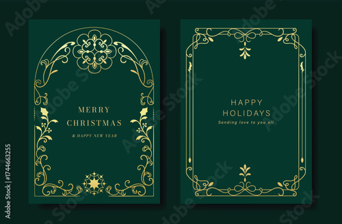 Christmas and Happy Holidays card vector set. Luxury gold victorian frame, holly leaf branch, snowflake, pinecone on green background. Design illustration for poster, cover, product, ads.