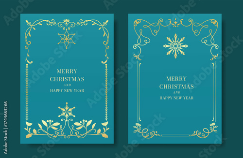 Christmas and Happy Holidays card vector set. Luxury gold victorian frame, holly leaf branch, snowflake, pinecone on emerald green background. Design illustration for poster, cover, product, ads.