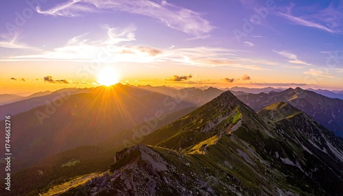 Mountain Peak Sunrise with Golden Rays and Sky with Clouds Landscape Photography