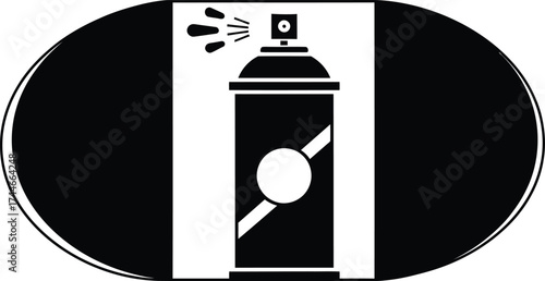 Black and white graphic icon of a spray paint can with liquid spraying from the nozzle