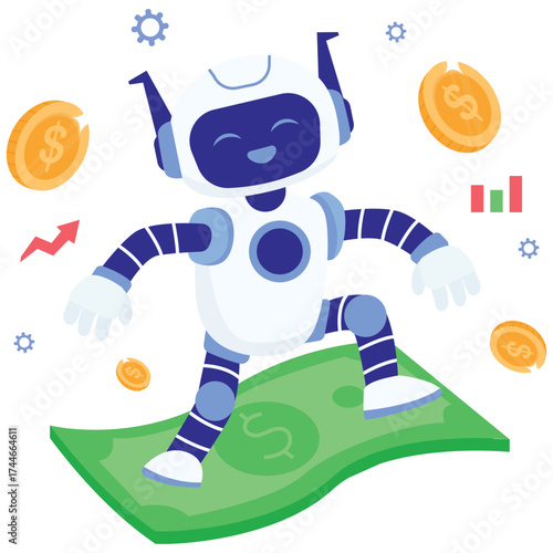 AI Finance Illustration. Vector illustration of joyful robot rides a flying banknote with coins and growth icons, symbolizing income boost, financial freedom, and prosperity. Isolated on background