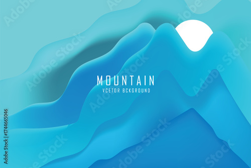 Vector blue mountain landscape with clear sky, sunset behind the mountains and silhouettes