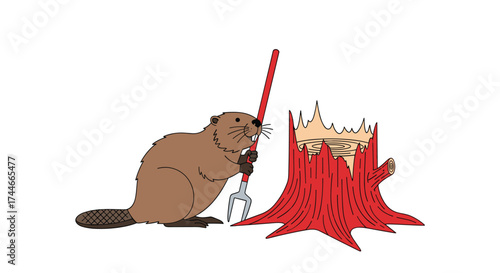 A cartoon beaver with large teeth is diligently working to cut down a red tree stump with a red pole saw.
