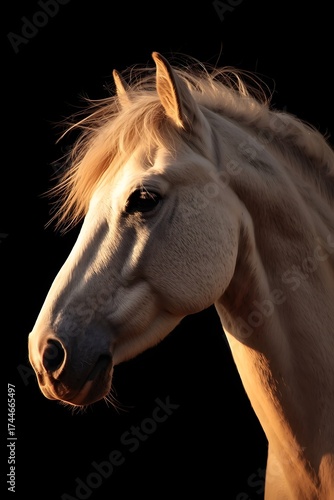 Wallpaper Mural Majestic white horse illuminated by warm golden sunlight against a dark background, highlighting its elegant mane, strength, and natural beauty, symbolizing freedom, grace, and powerful animal spirit  Torontodigital.ca