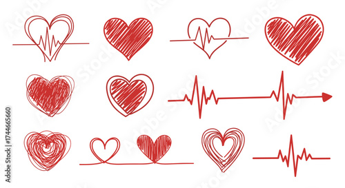 A collection of red hand drawn heart shapes and electrocardiogram lines.