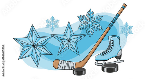 Winter sport elements including hockey stick puck skates and snowflakes.