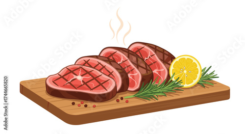 Delicious grilled steak sliced and served with fresh herbs and lemon on a wooden board.