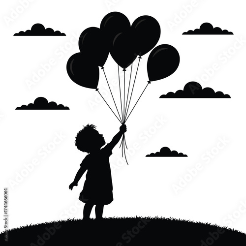 Black silhouette of child holding balloons against cloudy sky white