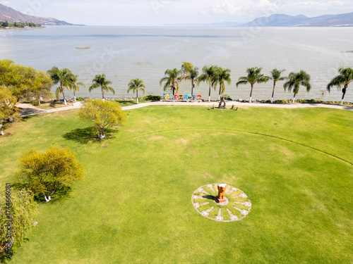Scenic aerial panoramic shot of Jocotepec malecon and waterfront on Lake Chapala in Jalisco Mexico