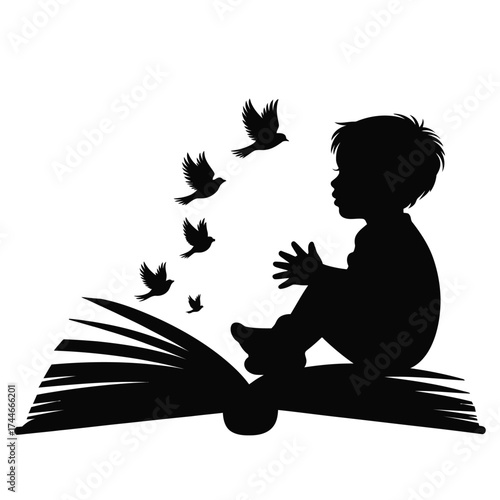 Black silhouette of child reading book with birds flying vector