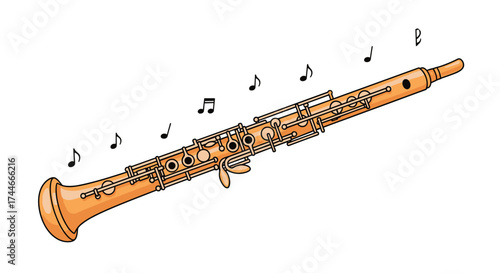 A wooden oboe instrument with musical notes floating above it.