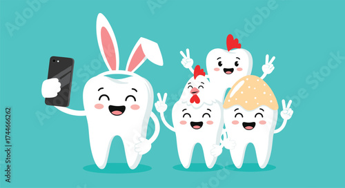 Cute cartoon teeth taking a selfie with bunny ears and chickens on a blue background.
