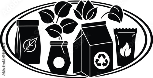 Black and white illustration of various packaging types with plant elements and eco symbols