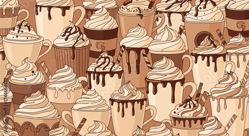 A seamless pattern of chocolate drinks with whipped cream and drizzles.