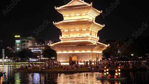 Night view of light up temple in Hoa Lu ancient town, Ninh Binh Vietnam.