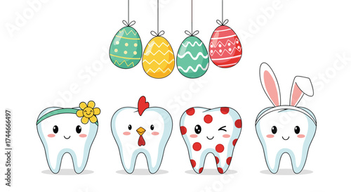 Happy Easter characters featuring cute teeth dressed as spring animals and decorated Easter eggs hanging above them.