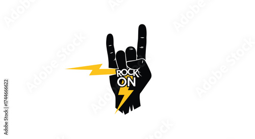 Rock on hand sign with lightning bolts and text. .