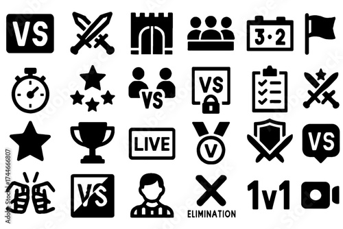 A collection of black and white vector icons representing competition, sports, and game-related concepts, ideal for web design and user interface elements.