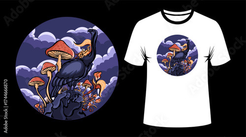 gothic Fantasy Wizard T-Shirt.An old, crooning wizard relaxes on a rock vulture statue, surrounded by mystical mushrooms and flowering vines in a vivid, cloudy night scene.