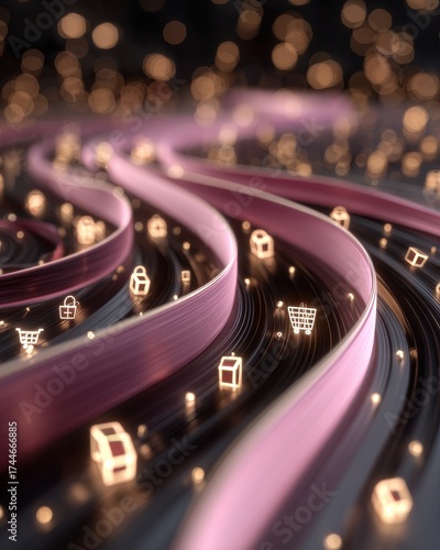 Abstract Digital Flow with Shopping Icons and Glowing Highlights