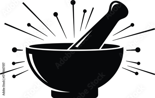 Black mortar and pestle icon with radiating lines and dots symbolizing creation or discovery