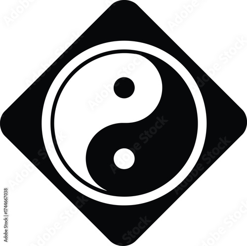Black and white yin yang symbol inside a rounded square diamond shape on a white background