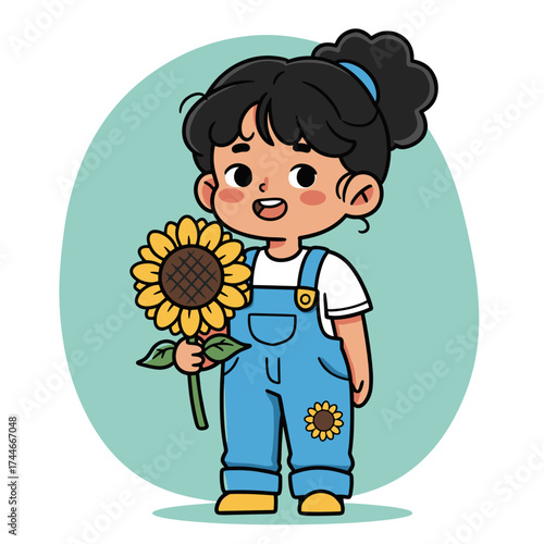 Cartoon child with ponytail holding a sunflower, wearing blue overalls with sunflower patch, white shirt, and yellow shoes, smiling on teal background.