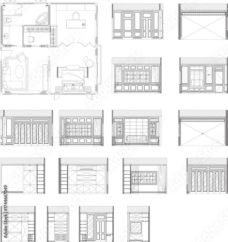 2D interior drawing layout of bedroom with dressing room, living area, workspace, and bathroom including plan and elevation views