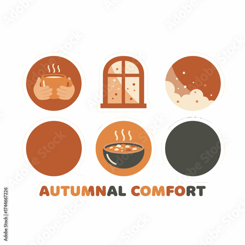 A charming set of autumn comfort icons beautifully illustrates the cozy feelings of warm drinks, hearty soup, and indoor relaxation during chilly weather.