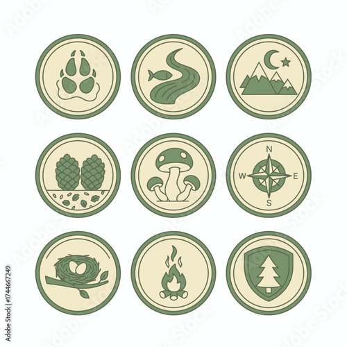 A versatile collection of nine circular vector icons, beautifully illustrating essential nature, wildlife, and outdoor adventure themes, ideal for environmental use.