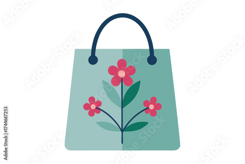 Delicate Floral Design on a Stylish Teal Shopping Bag with Dark Handles