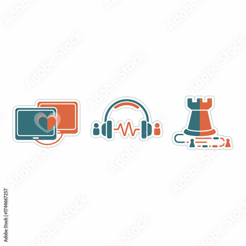 A collection of digital activity icons including online dating, music listening, and strategic gaming, perfect for modern lifestyle concepts.