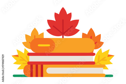 Stack of colorful books surrounded by autumn leaves in a flat style