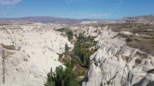Göreme, Turkey: Footage of a sunny day in Love Valley, Göreme, with views of the mountains in the background and a hiking trail in  the valley