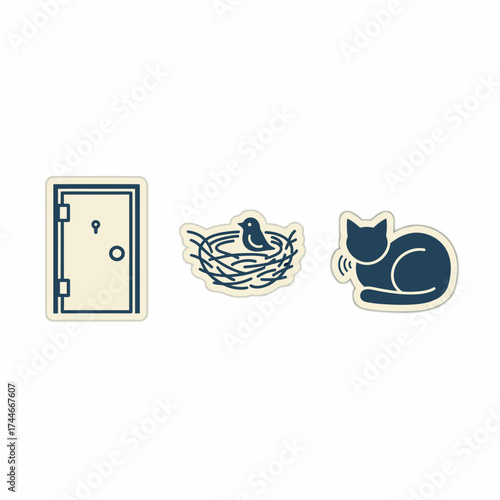 A minimalist graphic collection showcasing a closed door, a bird nestled comfortably in its home, and a purring cat, all depicted in a clean, flat illustration style.