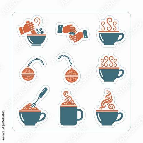 This collection of vibrant flat design icons illustrates various stages of coffee and tea preparation, from bean processing to enjoying a steaming hot beverage.