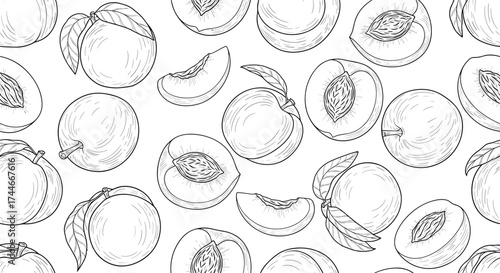 A pattern of hand-drawn peaches in various stages of ripeness and slice.