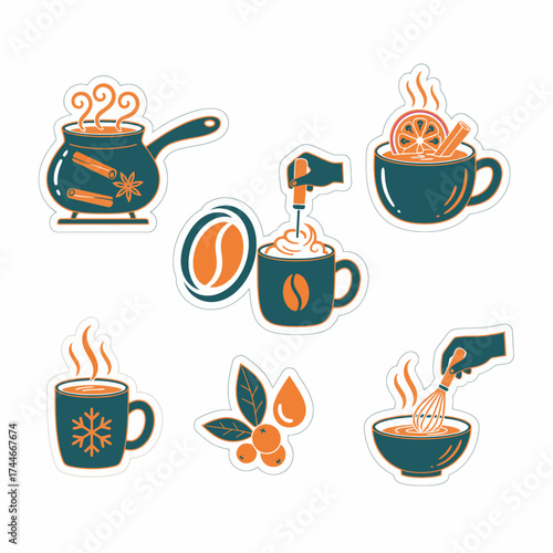 This charming collection of flat design icons beautifully illustrates the essence of warm beverages, including spiced drinks, coffee, and winter comfort.