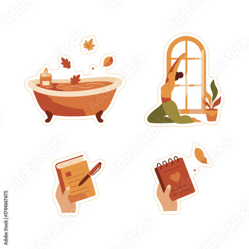 Beautiful autumnal graphics illustrating various comforting self-care moments such as a warm bath, peaceful yoga, and thoughtful journaling sessions.
