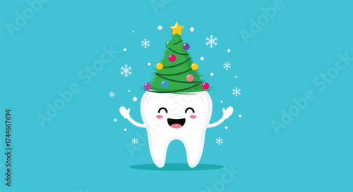A cheerful cartoon tooth wearing a festive Christmas tree hat with colorful ornaments and a star on top is depicted against a vibrant blue background