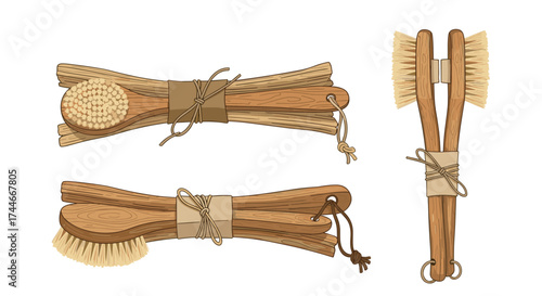 Set of wooden brushes and utensils for cleaning dishes and surfaces.