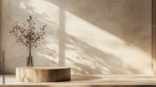 Wooden podium, sunlight, neutral wall display, aesthetic, product showcase