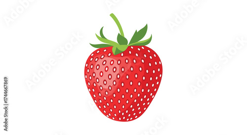 The delicious bright red berry with green leaves and a stem is a strawberry.