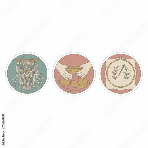 A collection of three distinct circular icons illustrating popular creative hobbies including macrame, pottery, and embroidery, perfect for craft-related content.